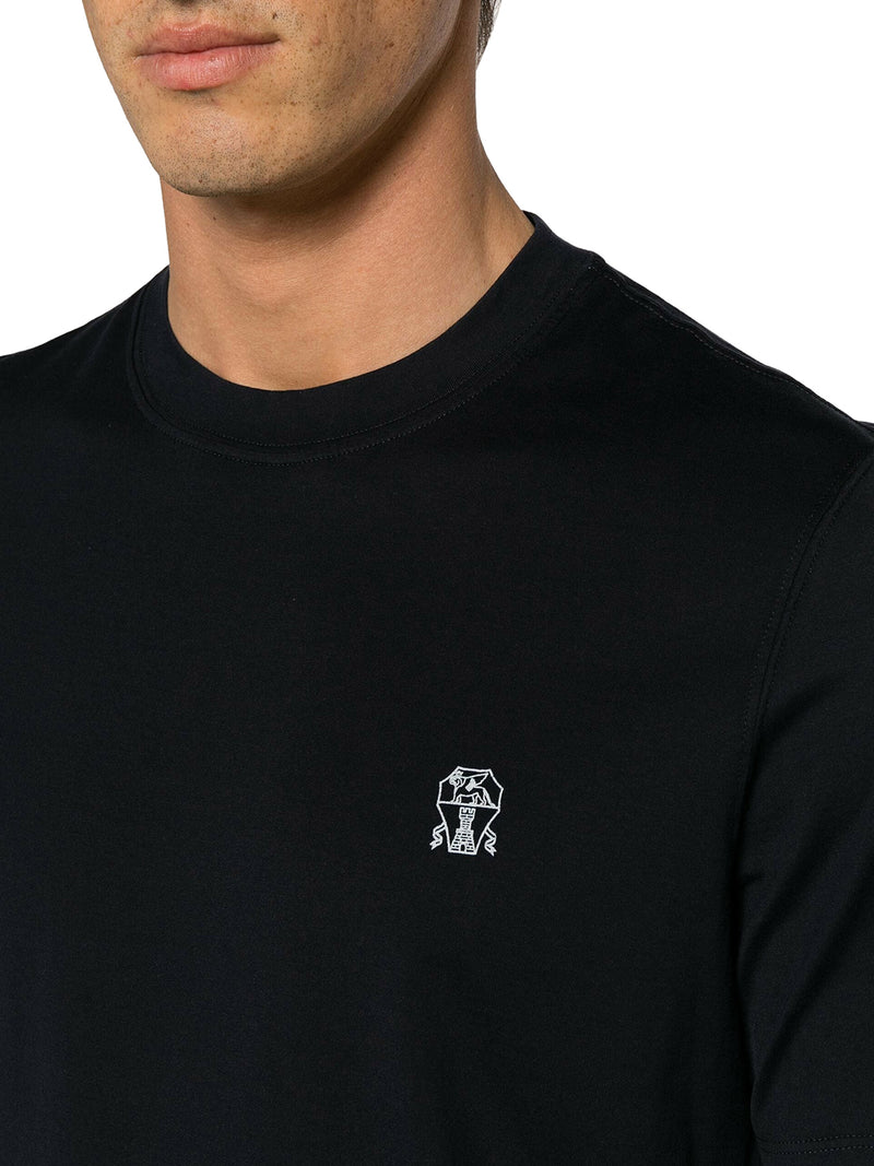 BLUE COTTON T-SHIRT WITH CONTRASTING LOGO PRINT