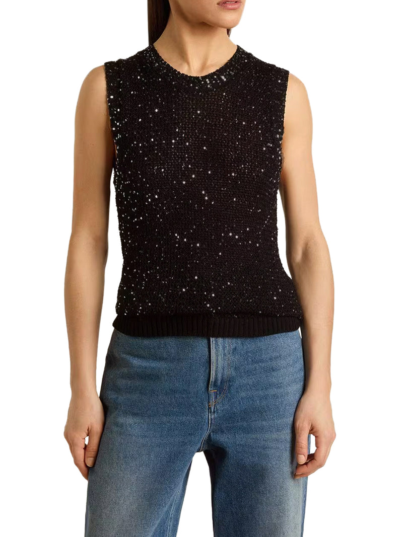 NET MESH TOP WITH SEQUINS AND CONTRASTING DETAILS