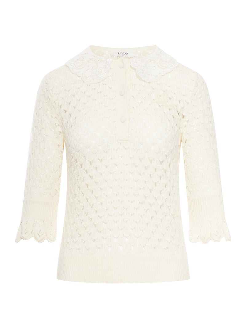 COTTON AND WOOL PERFORATED KNIT SWEATER