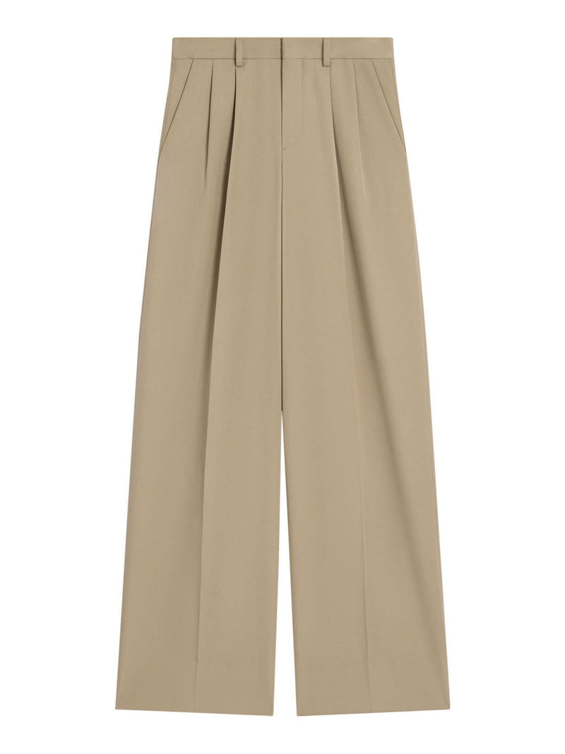 COTTON AND WOOL GABARDINE PLEATED TROUSERS