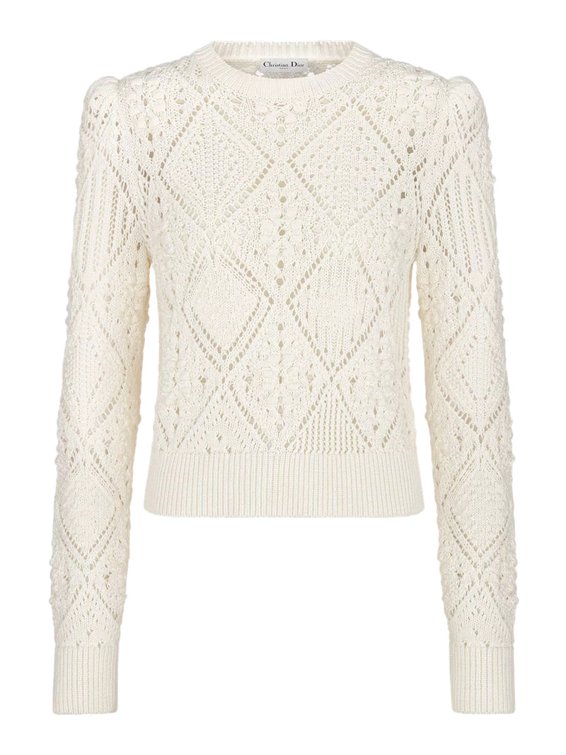 WHITE PERFORATED COTTON KNIT SWEATER