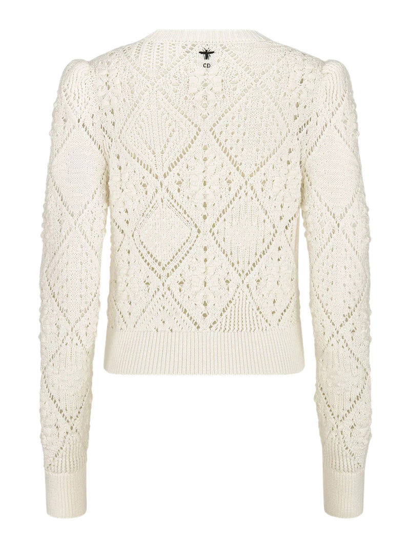 WHITE PERFORATED COTTON KNIT SWEATER