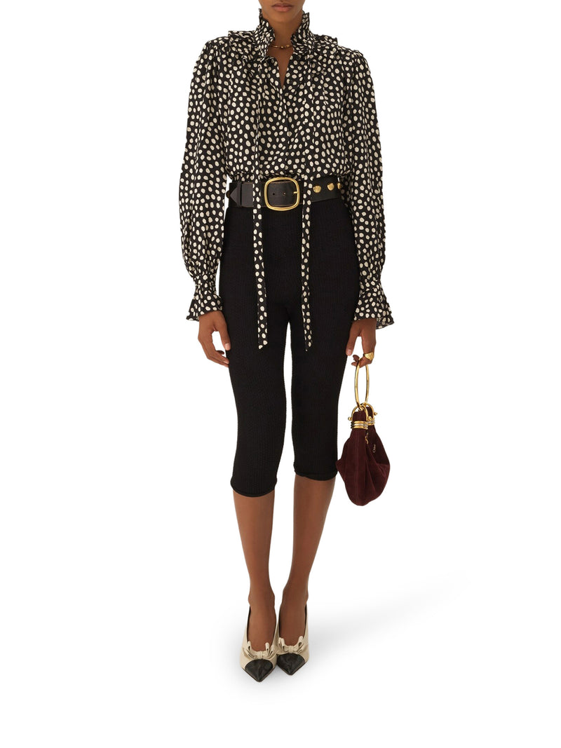 BLOUSE WITH RUFFLES AND RIBBONS ON THE FRONT IN SILK JACQUARD