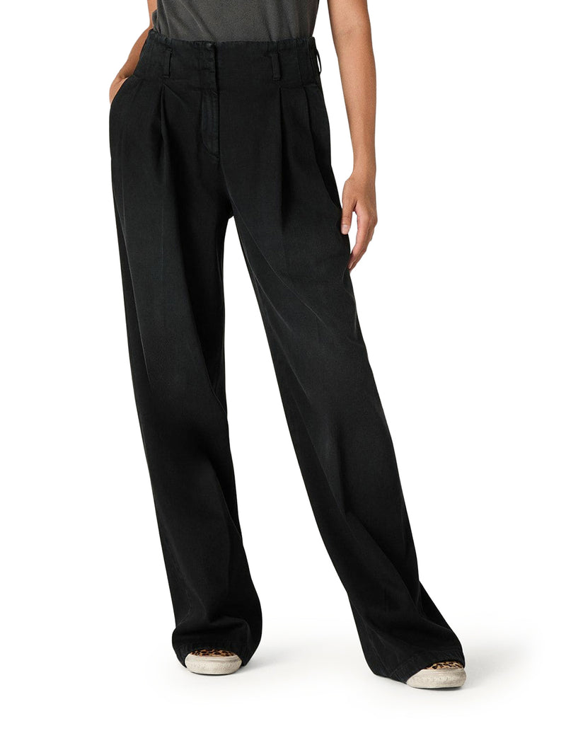 BLACK COTTON DENIM TROUSERS WITH LIVED-IN TREATMENT
