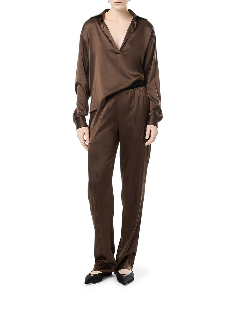 SILK SATIN BLOUSE WITH TF LOGO EMBROIDERED IN TONE-ON-TONE BROWN