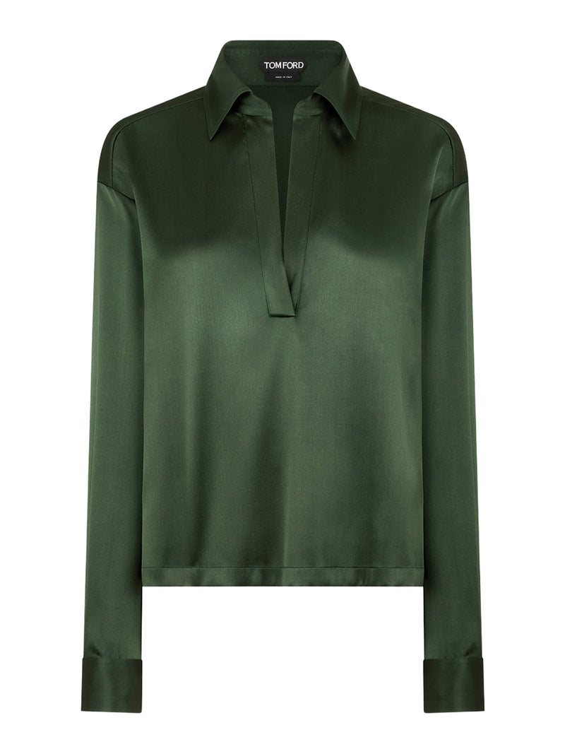 SILK SATIN BLOUSE WITH TF LOGO EMBROIDERED IN TONE-ON-TONE GREEN