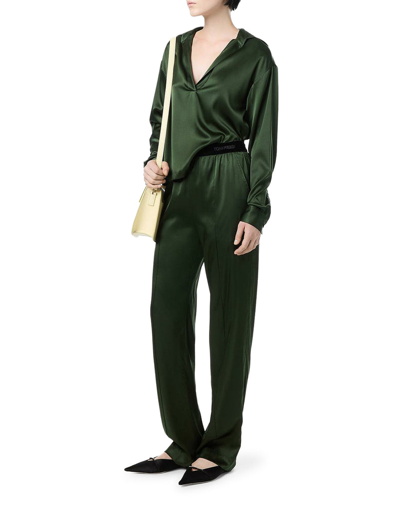 SILK SATIN BLOUSE WITH TF LOGO EMBROIDERED IN TONE-ON-TONE GREEN