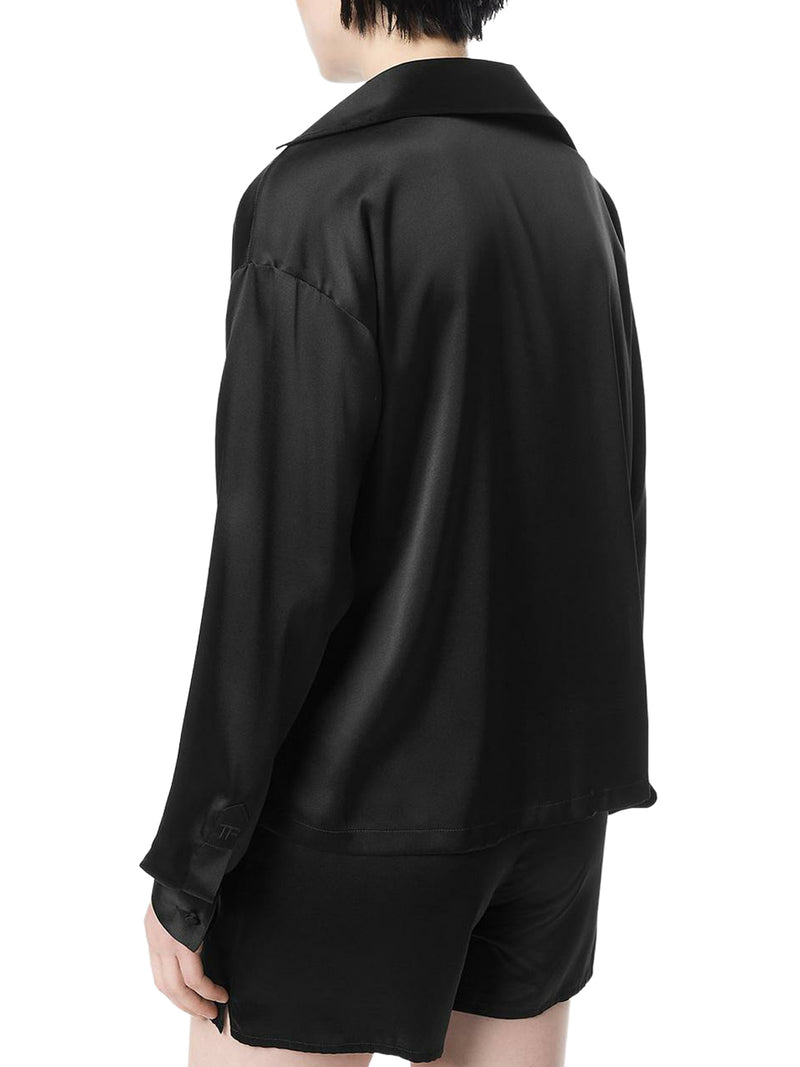 SILK SATIN BLOUSE WITH TF LOGO EMBROIDERED IN TONE-ON-TONE BLACK