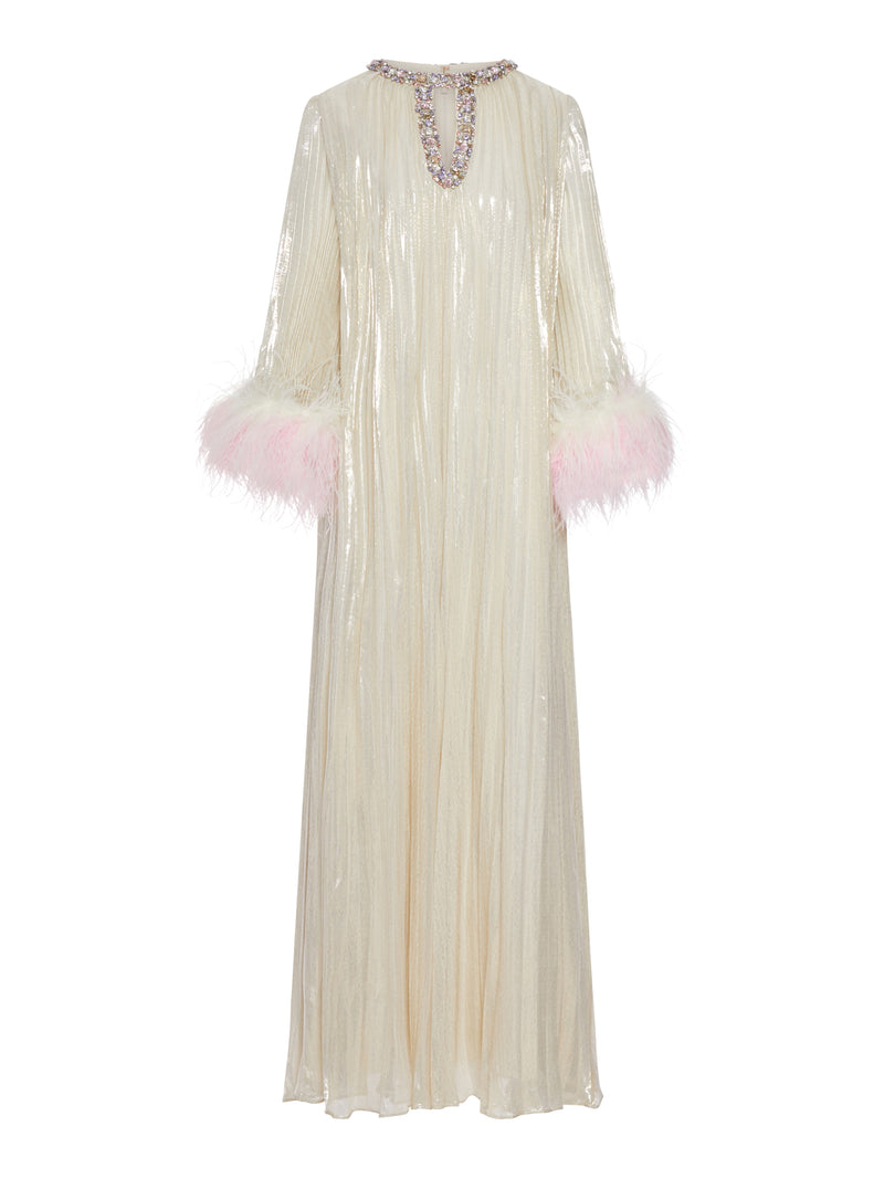 LONG METALLIC DRESS WITH FEATHERS