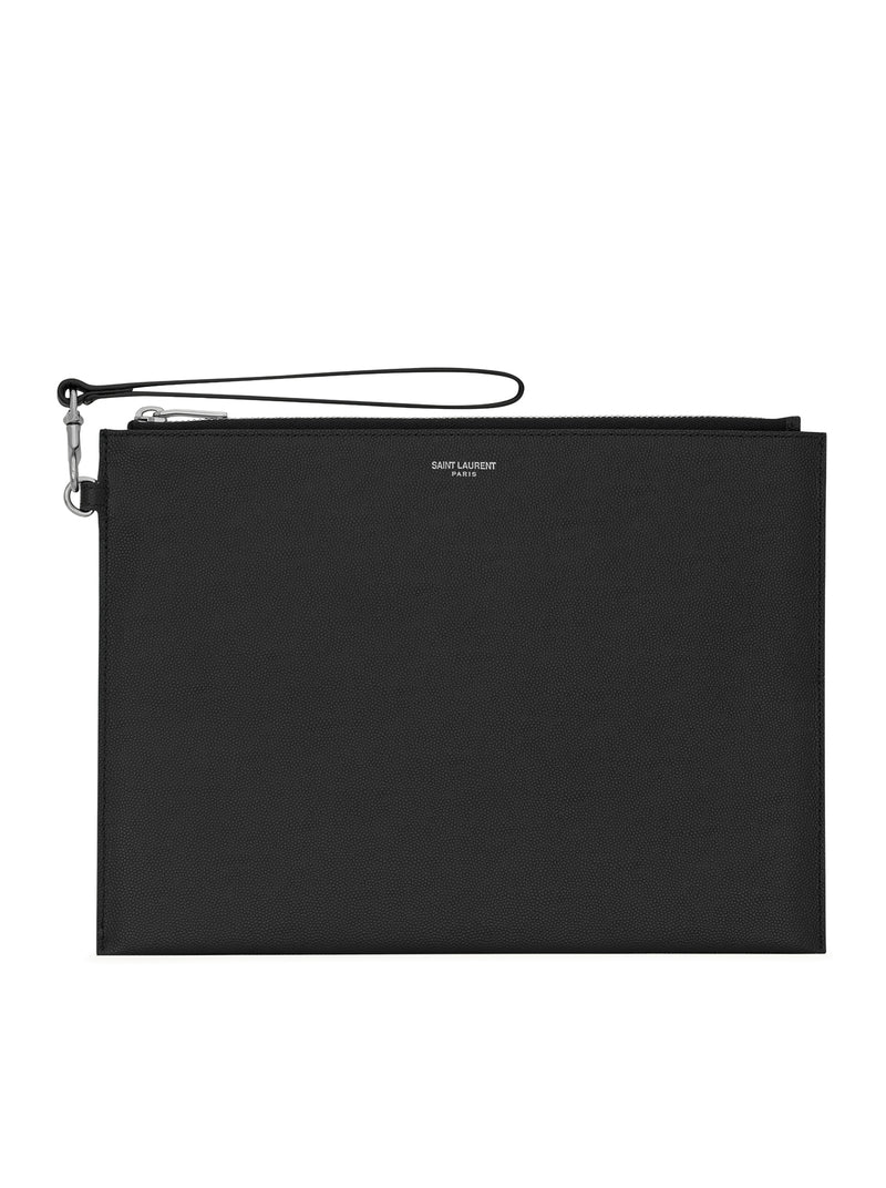 SAINT LAURENT PARIS TABLET HOLDER WITH ZIP IN GRAIN DE POUDRE EMBOSSED LEATHER