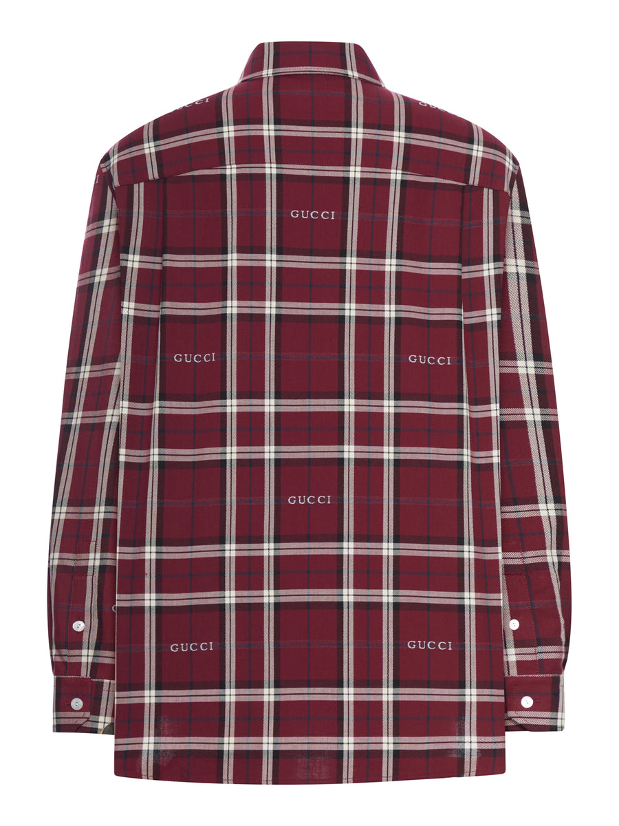 gucci dress shirts Men's Embroidered Cotton Plaid Shirt Navy Made in Italy Gucci Shirt With Logo -