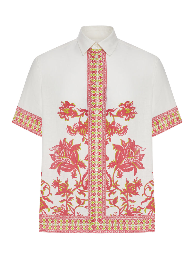 OVERSIZED LINEN SHIRT WITH PLACED FLORAL PRINT