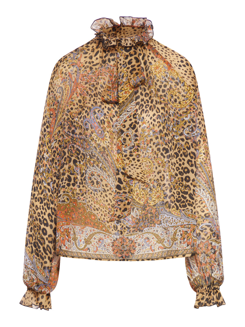 SILK CHIFFON BLOUSE WITH SCARF AND ANIMAL PAISLEY PATTERN