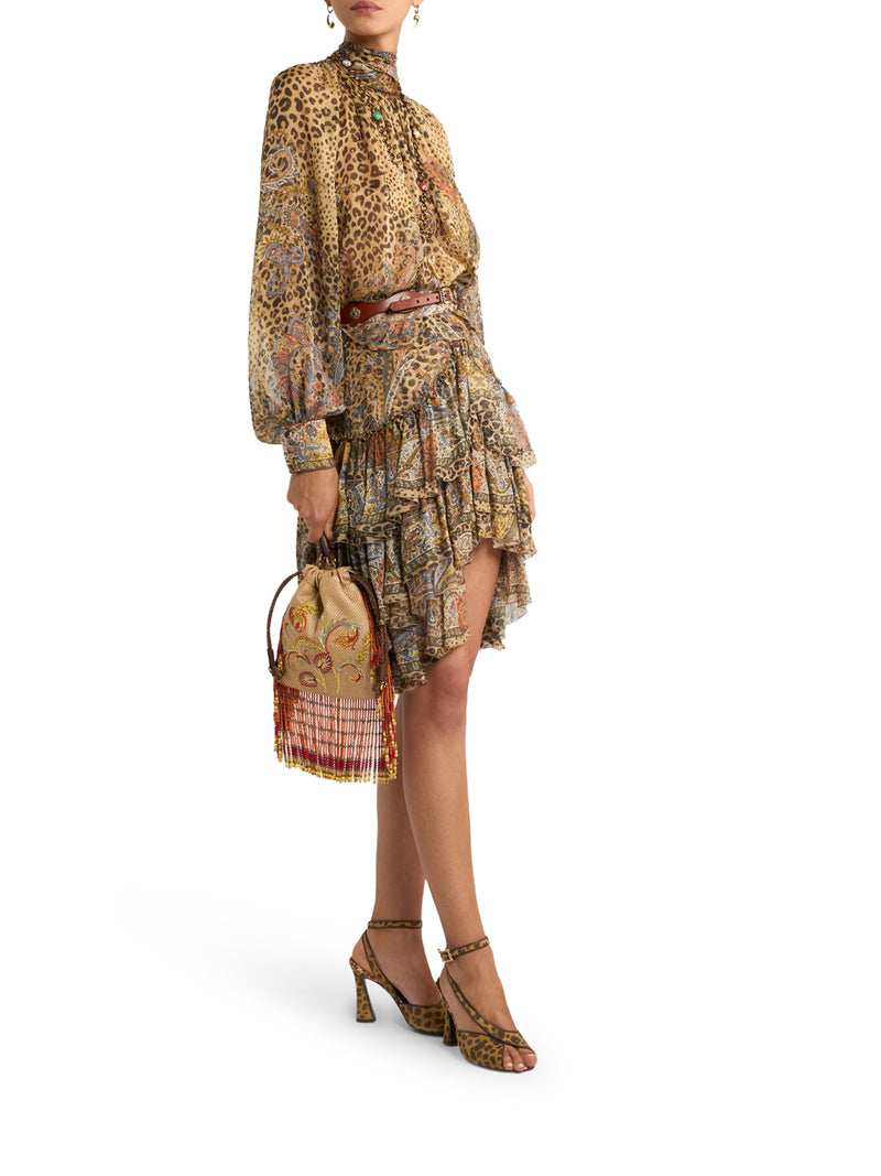PAISLEY AND ANIMAL PRINT SILK RUFFLED MINI SKIRT