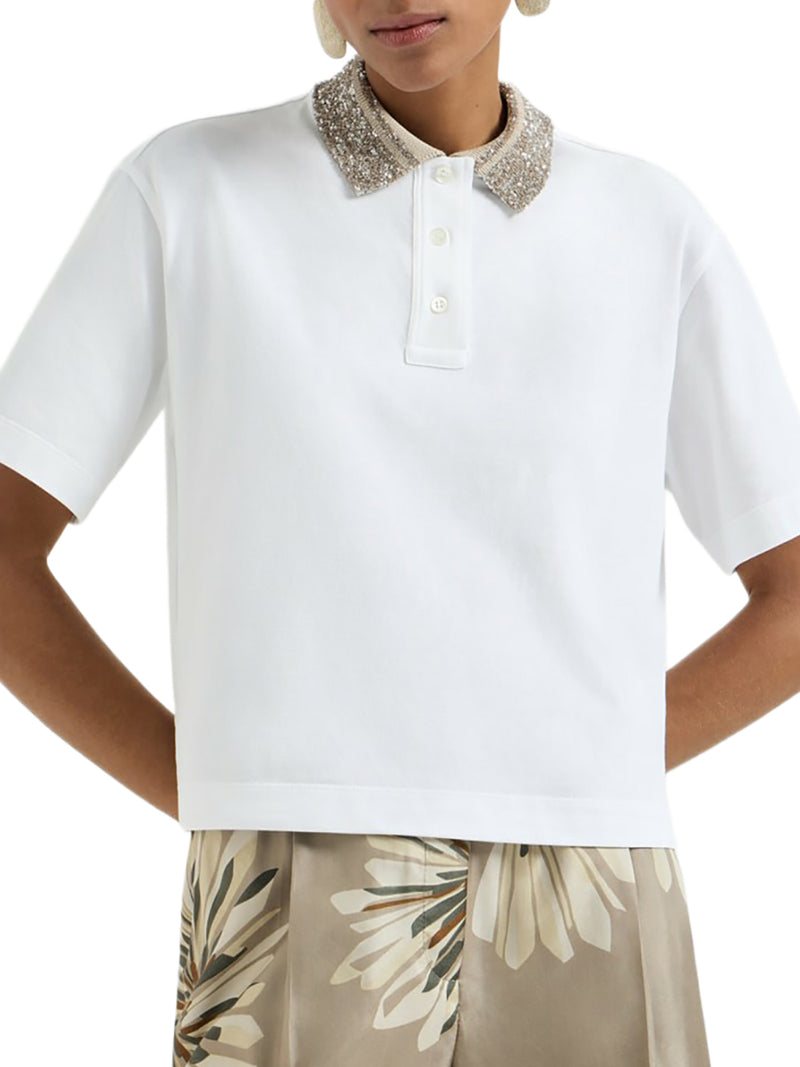 COTTON JERSEY POLO SHIRT WITH DAZZLING KNIT COLLAR