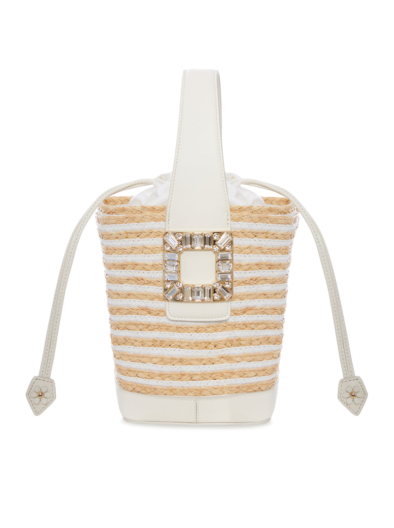 STRIPED RAFFIA BUCKET BAG WITH JEWEL BUCKLE