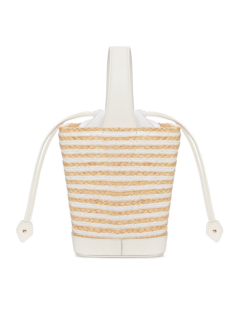STRIPED RAFFIA BUCKET BAG WITH JEWEL BUCKLE