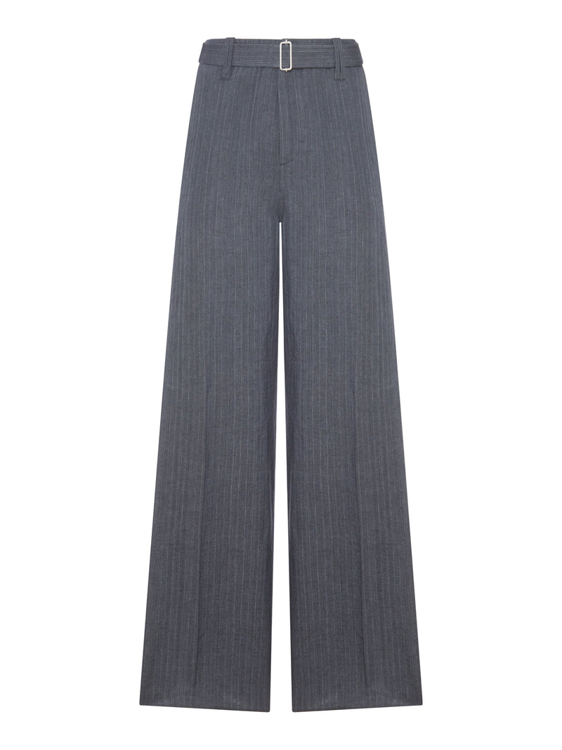 TAILORED PINSTRIPE LINEN PALAZZO TROUSERS WITH BELT