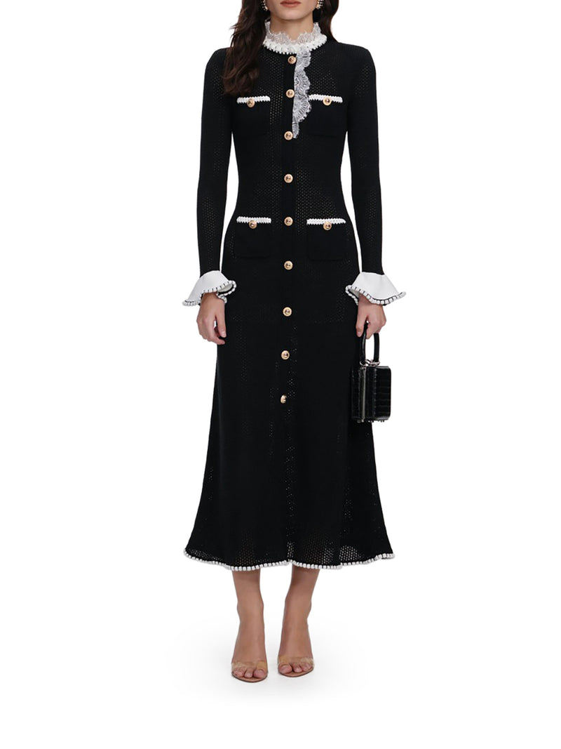 BLACK LACE TRIM KNIT MIDI DRESS