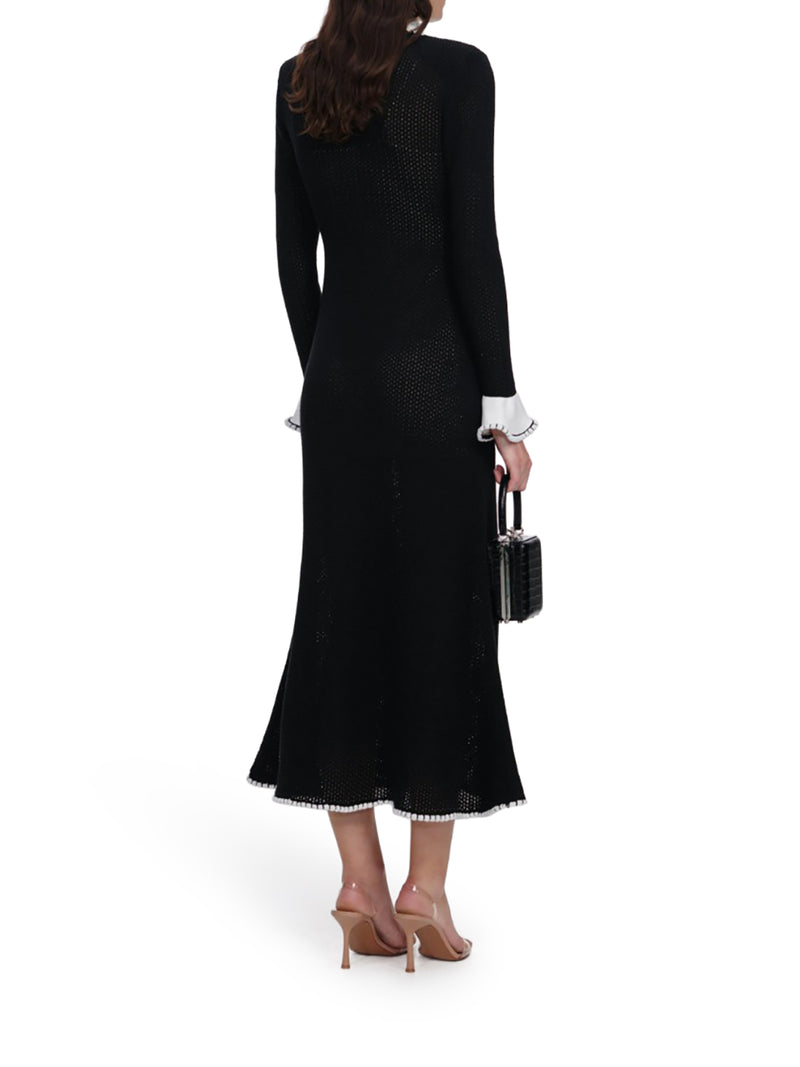 BLACK LACE TRIM KNIT MIDI DRESS