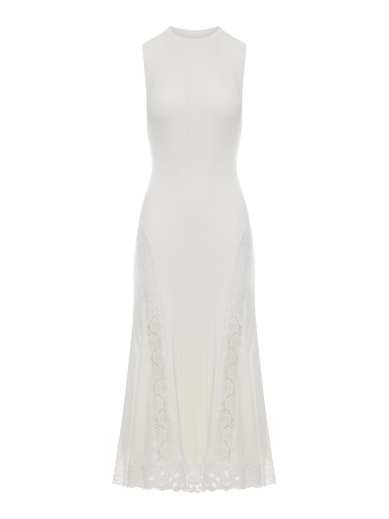 WHITE KNITTED MIDI DRESS WITH LACE INSERTS