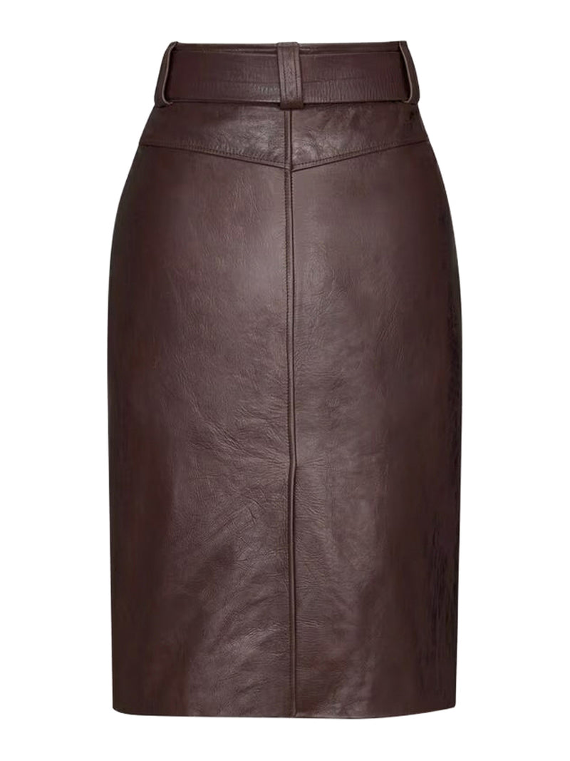 BELTED PENCIL SKIRT IN CREASED LEATHER