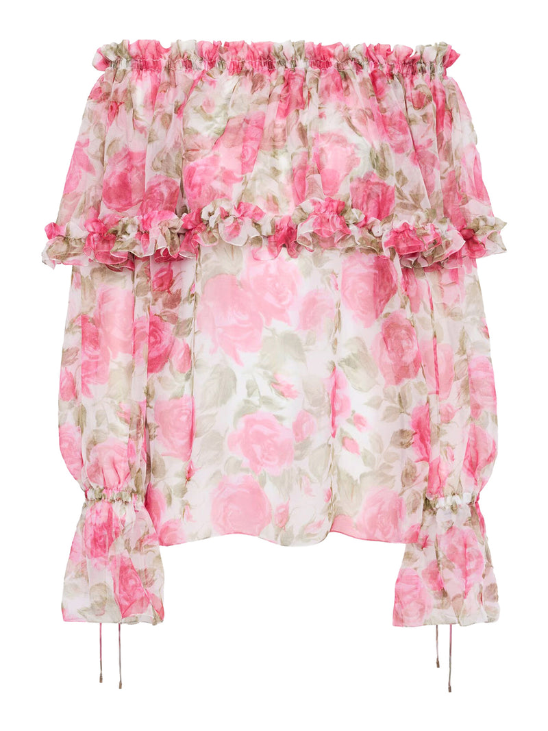 OFF-THE-SHOULDER TOP WITH PUFF SLEEVES IN SILK MUSLIN