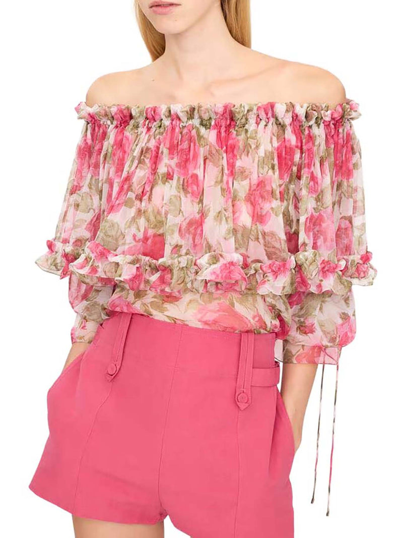 OFF-THE-SHOULDER TOP WITH PUFF SLEEVES IN SILK MUSLIN