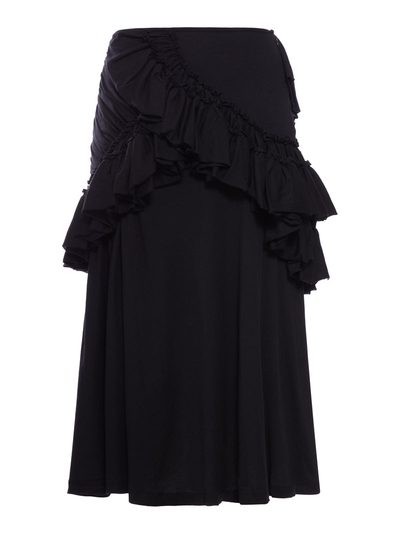 BLACK MIDI SKIRT WITH RUFFLES AND DRAPES