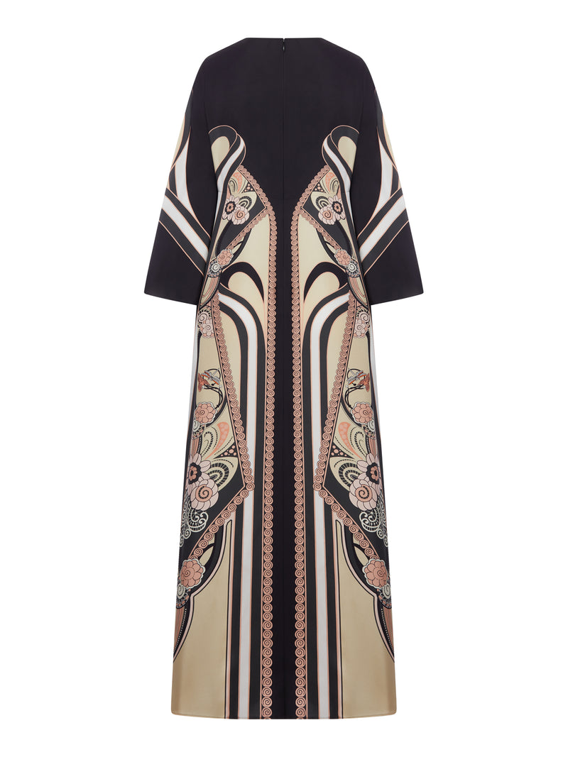 LONG SILK DRESS WITH ORNAMENTAL PRINT