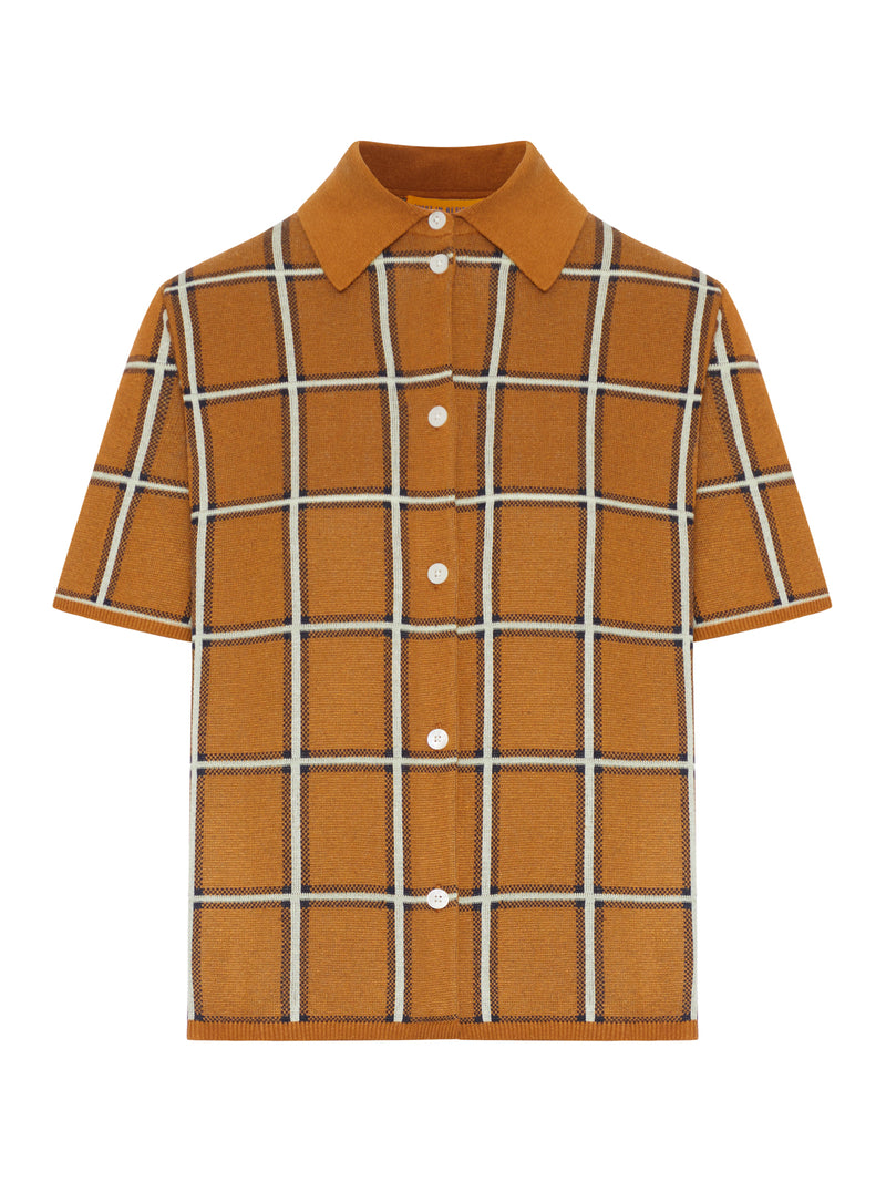 LINEN AND SILK BLEND POLO SHIRT WITH CHECK PATTERN