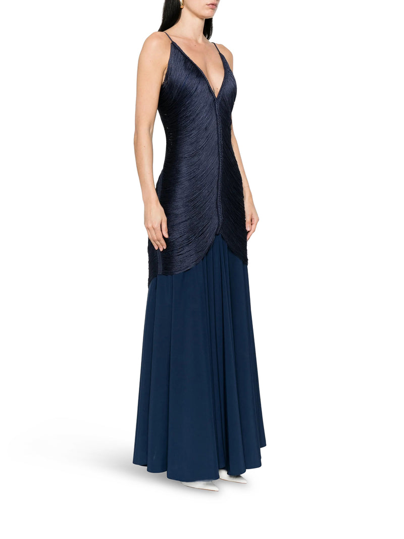 LONG NOSTALGIA DRESS WITH FRINGES AND V-NECK
