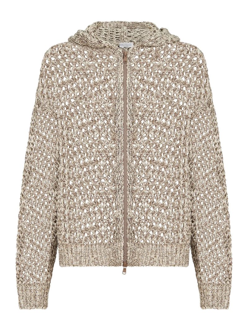 DAZZLING CHINÉ SILK AND LINEN KNIT CARDIGAN WITH HOOD AND ZIP