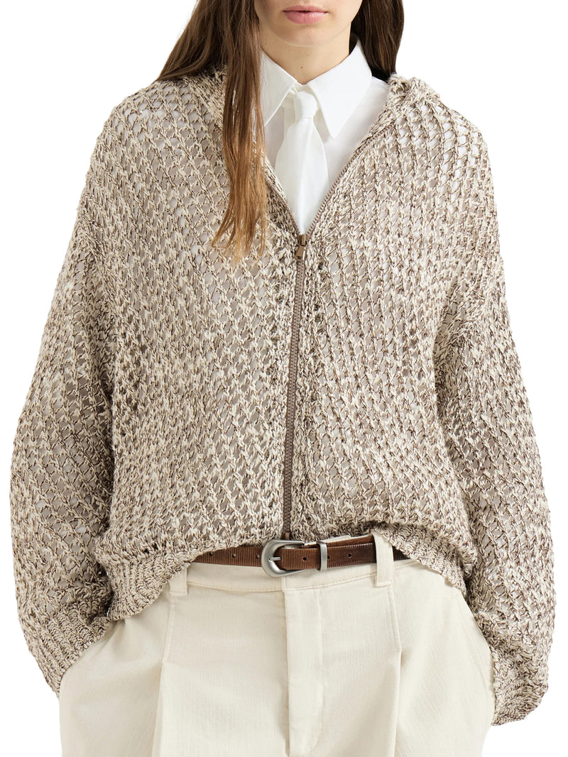 DAZZLING CHINÉ SILK AND LINEN KNIT CARDIGAN WITH HOOD AND ZIP