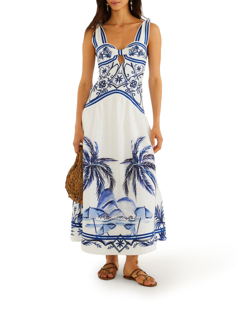 LONG LINEN DRESS WITH TROPICAL PRINT