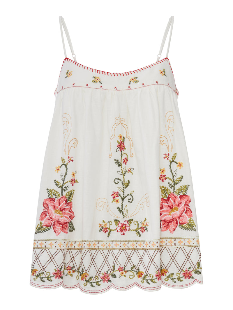 LINEN BLEND TOP WITH FLORAL EMBROIDERY