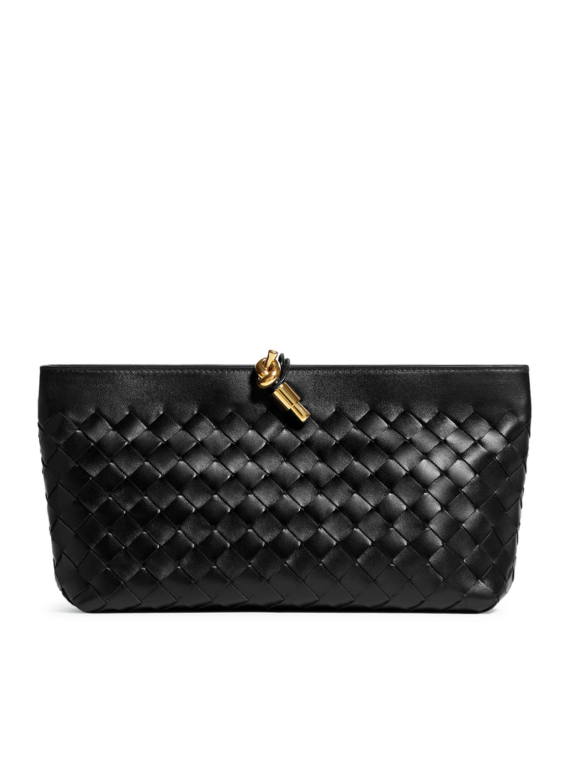 WOVEN NAPPA CLUTCH WITH DISTINCTIVE KNOT DETAIL