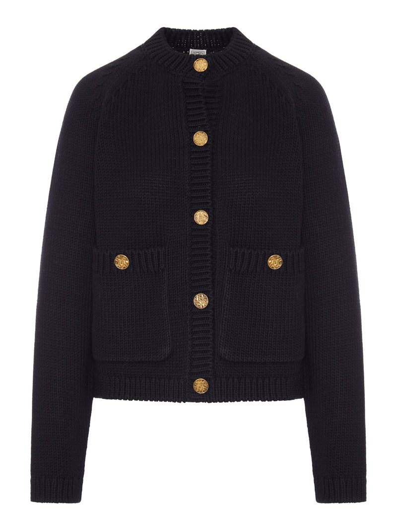 BLACK COTTON CARDIGAN WITH HAMMERED-EFFECT BUTTONS