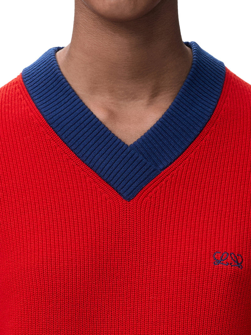 TEXTURED COTTON-WOOL BLEND SWEATER WITH A CONTRASTING COLLAR