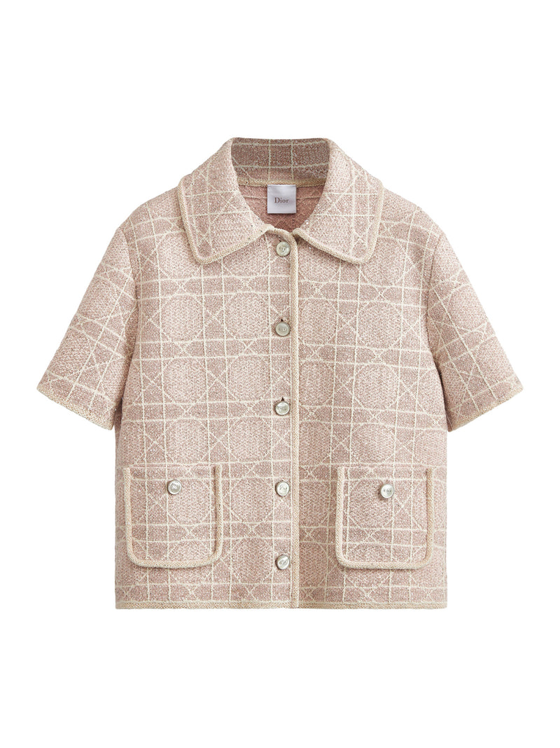 SHORT-SLEEVED MACROCANNAGE JACKET IN PINK COTTON BLEND TWEED EMBROIDERED WITH SEQUINS
