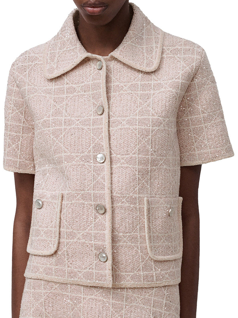 SHORT-SLEEVED MACROCANNAGE JACKET IN PINK COTTON BLEND TWEED EMBROIDERED WITH SEQUINS