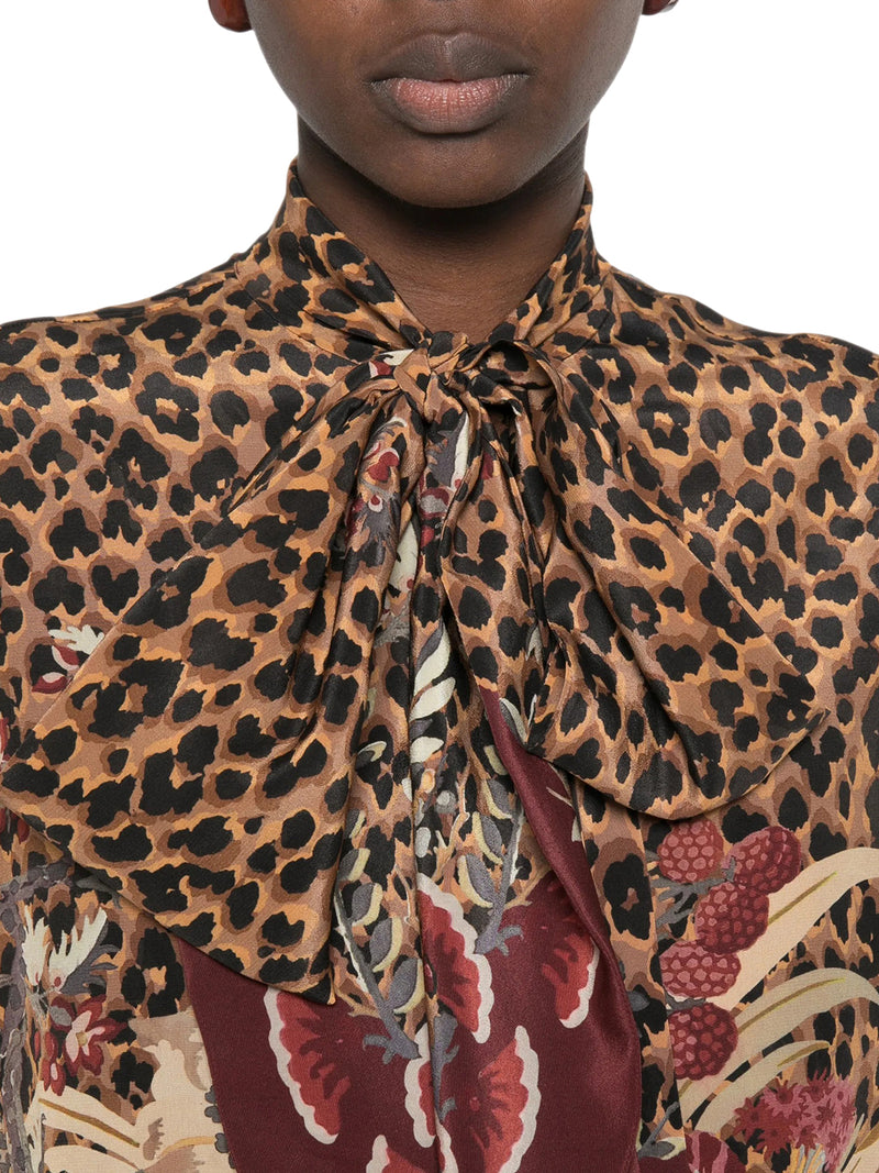 ANIMAL AND FLORAL PRINTED SHIRT WITH NECK BOW