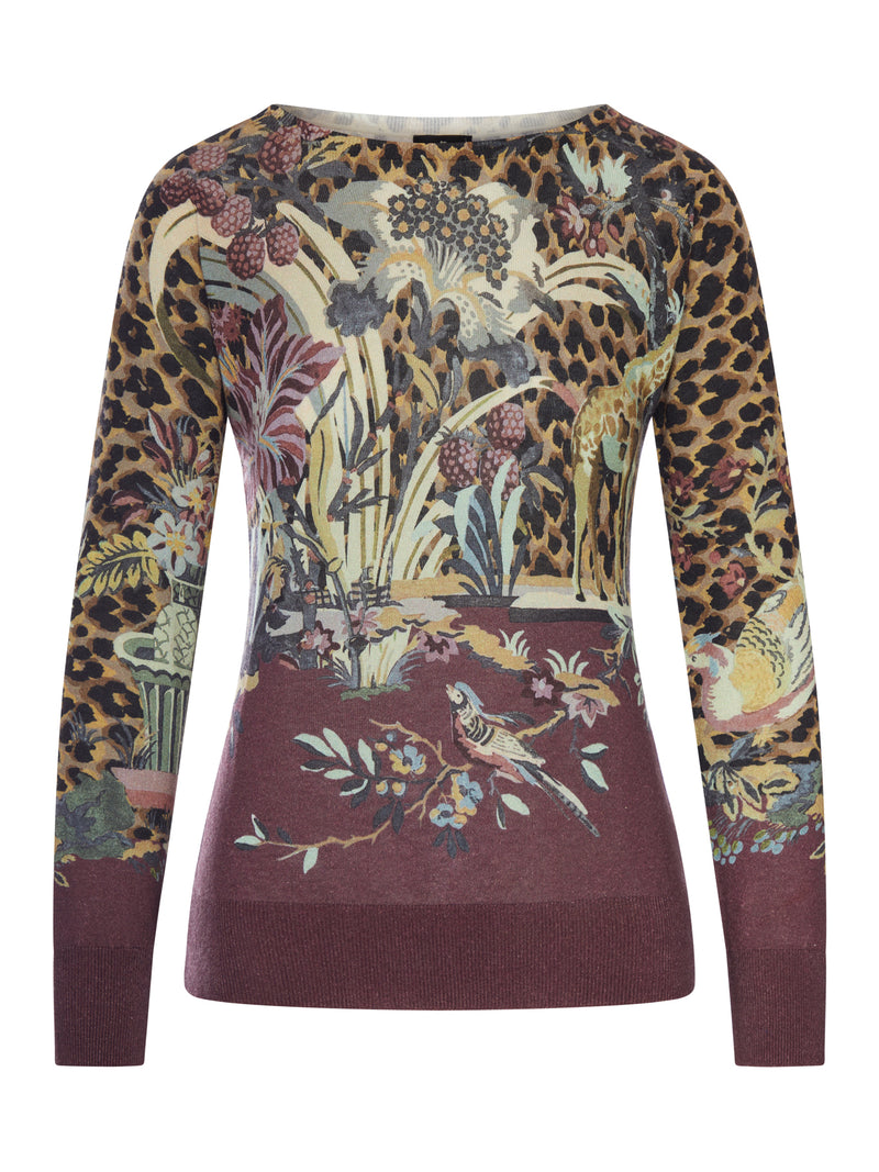 LIGHTWEIGHT KNIT TOP WITH ANIMAL AND FLORAL PRINT