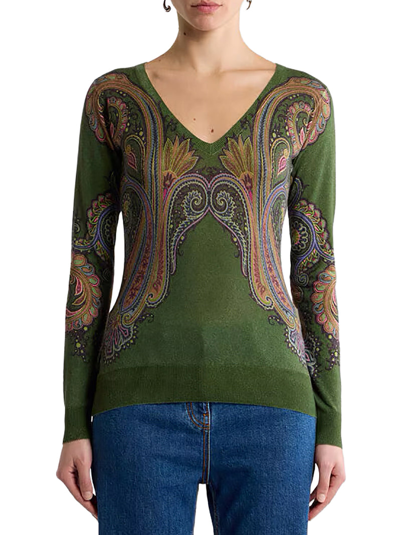 SILK AND CASHMERE V-NECK SWEATER WITH PLACED PAISLEY PRINT