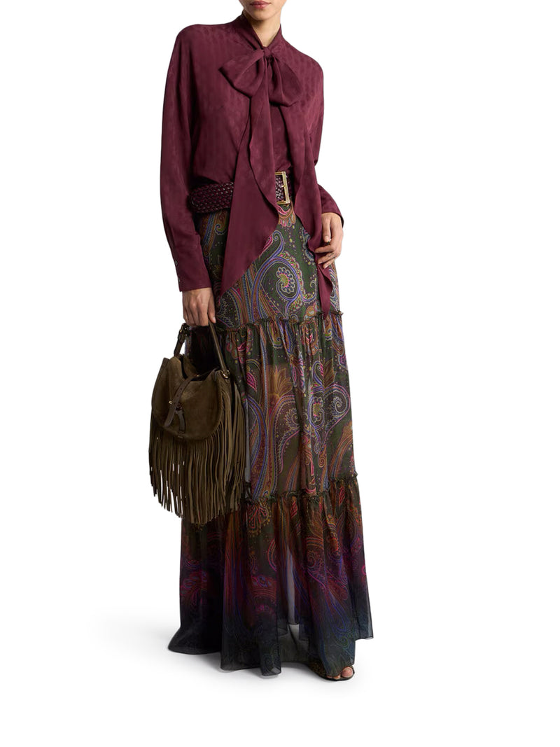 LONG SILK SKIRT WITH PLACEMENT PAISLEY PRINT