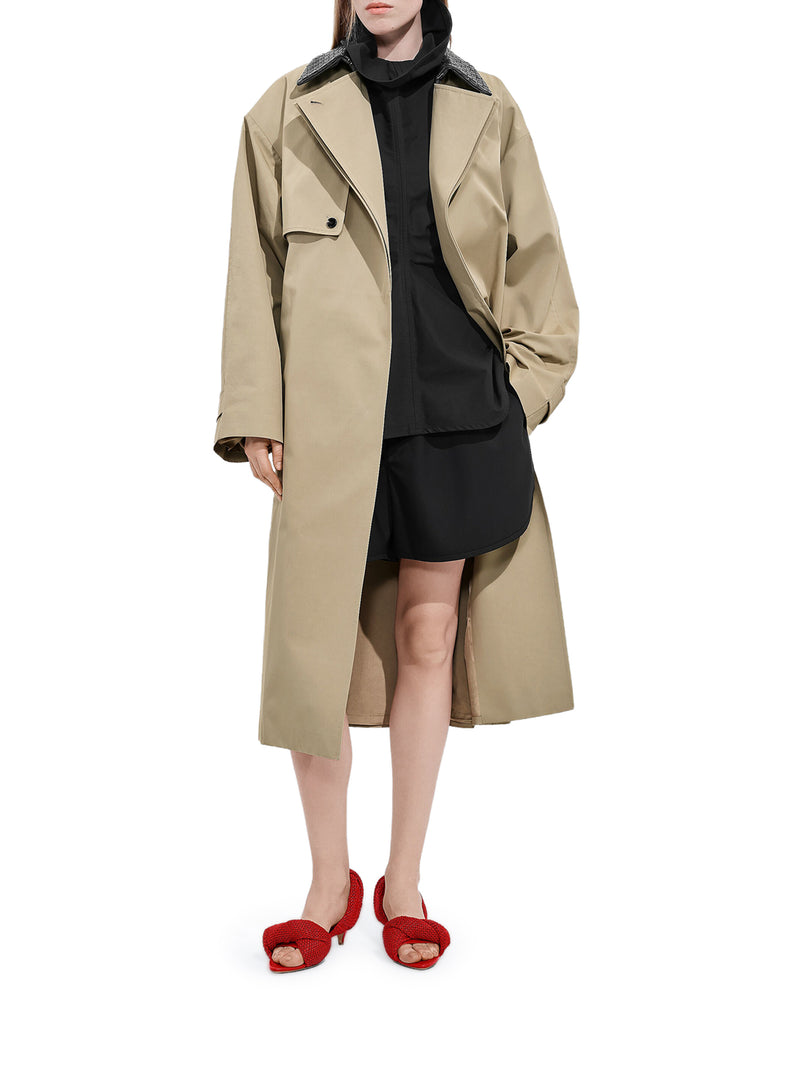 COTTON TRENCH COAT WITH WOVEN LEATHER COLLAR
