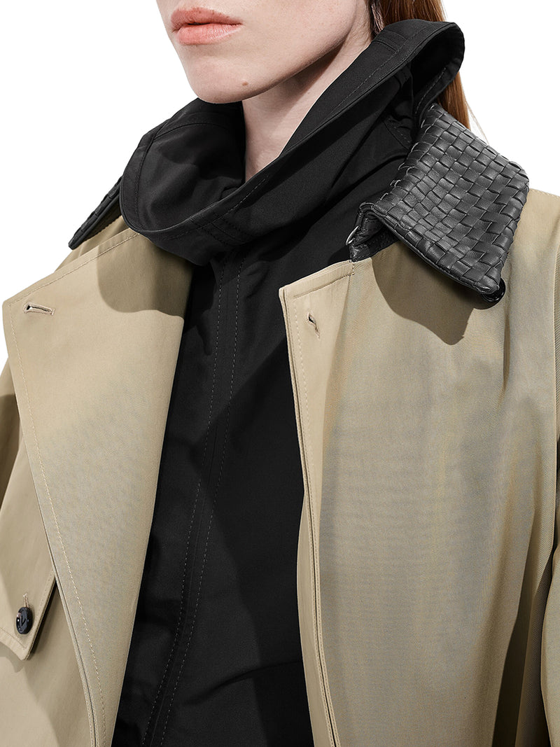 COTTON TRENCH COAT WITH WOVEN LEATHER COLLAR