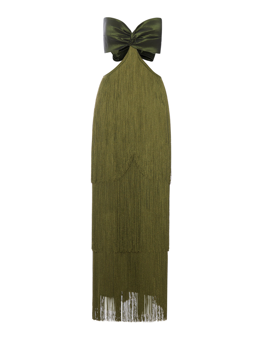 LONG DRESS WITH FRINGES AND SATIN BOW – Suit Negozi Row