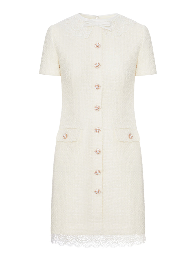 CREAM-COLOURED MINI DRESS WITH BOUCLE LACE COVERINGS