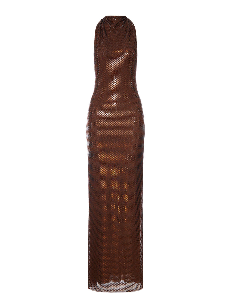 LONG BROWN DRESS WITH RHINESTONE AND HALTER NECKLINE